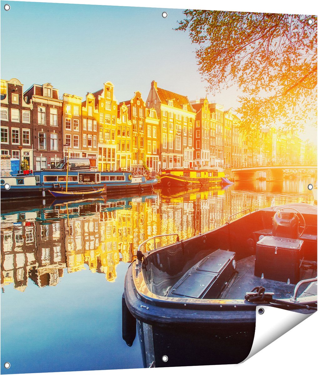 Gards Tuinposter Amsterdamse Brug - Gracht - met Bloemen - 100x100 cm - Tuindoek - Tuindecoratie - Wanddecoratie buiten - Tuinschilderij Multikleur