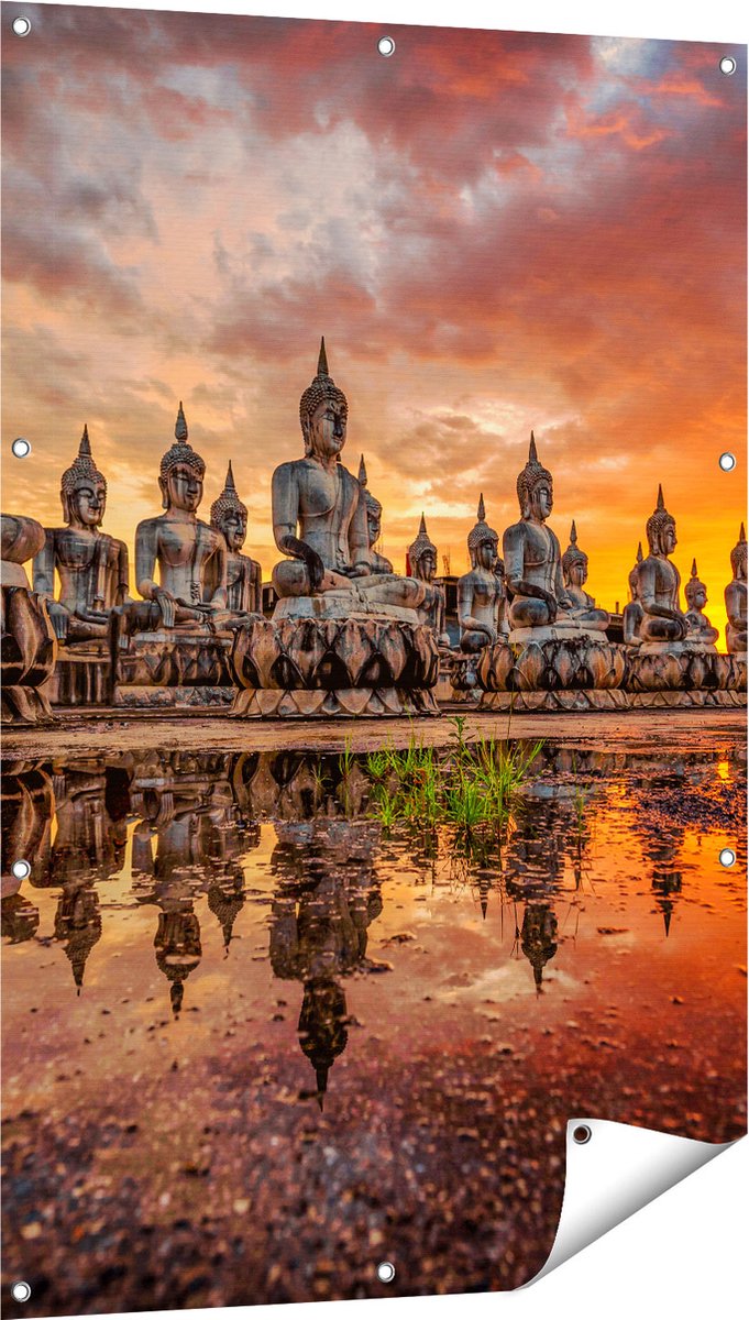 Gards Tuinposter Boeddha Beelden tijdens Zonsondergang - 80x120 cm - Tuindoek - Tuindecoratie - Wanddecoratie buiten - Tuinschilderij Multikleur