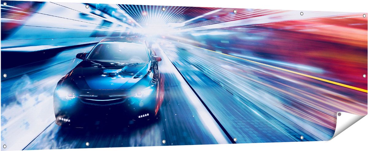 Gards Tuinposter Zwarte Sportwagen Auto - Abstract - 210x70 cm - Tuindoek - Tuindecoratie - Wanddecoratie buiten - Tuinschilderij Multikleur