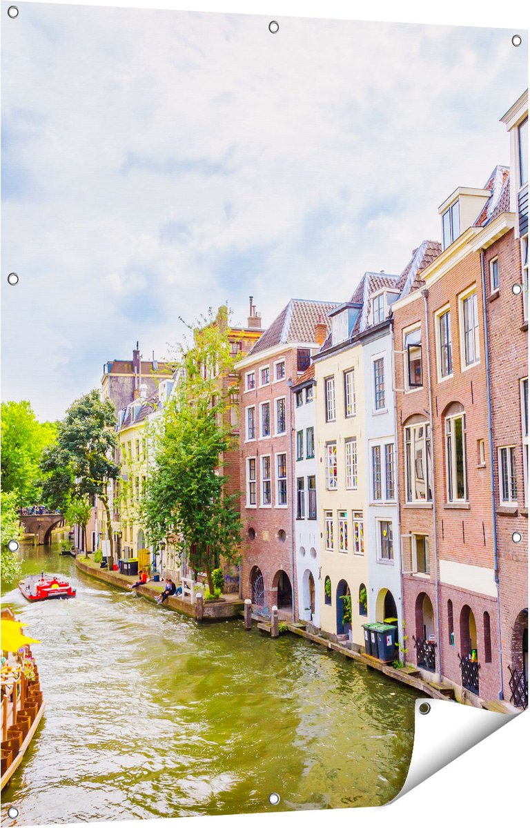 Gards Tuinposter Huizen aan de Oudegracht in Utrecht - 90x120 cm - Tuindoek - Tuindecoratie - Wanddecoratie buiten - Tuinschilderij Multikleur