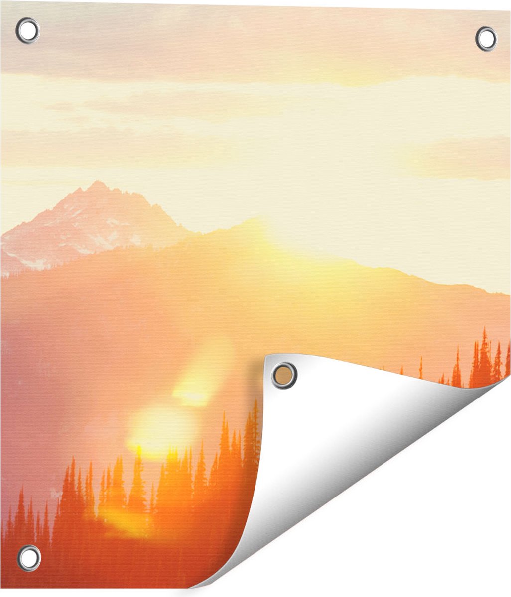 Gards Tuinposter Zonsondergang in het Bos - 40x40 cm - Tuindoek - Tuindecoratie - Wanddecoratie buiten - Tuinschilderij Multikleur