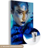 MuchoWow® Glasschilderij 40x60 cm - Schilderij acrylglas - Vrouw - Goud - Blauw - Foto op glas - Schilderijen