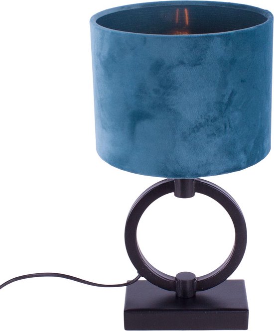 Lampe à poser anneau noir Ø 15 cm avec abat-jour velours bleu océan | doré