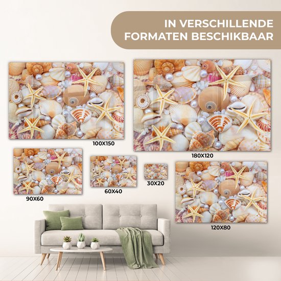 Peinture sur verre - Photo sur verre - Coquillage - Perles - Étoile de mer - Décoration murale - 90x60 cm - Peinture sur verre - Décoration murale - Photo sur verre - Peinture sur verre plage - Verre acrylique