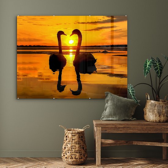 Peinture sur verre - Verre acrylique - Cygne - Coucher de soleil - Water - Vogel - Photo sur verre - 120x90 cm - Peinture sur verre oiseaux - Décoration murale - Peinture sur verre nature - Décoration murale