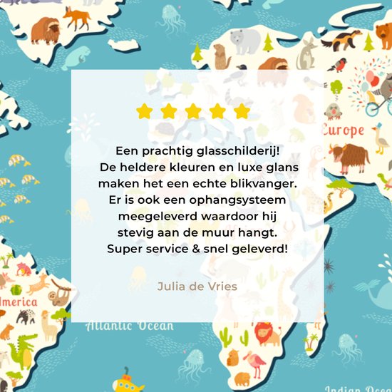 Peinture sur Verre - Carte du Wereldkaart - Enfants - Couleurs - Animaux - 60x40 cm - Peintures sur Verre Peintures - Photo sur Glas