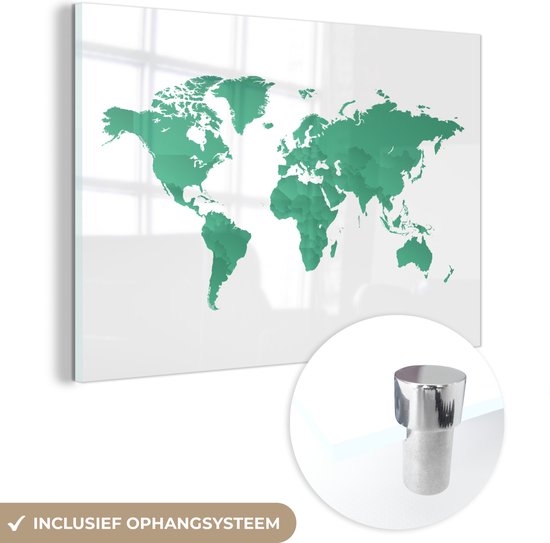 MuchoWow® Glasschilderij 30x20 cm - Schilderij acrylglas - Landkaart - Groen - Wereld - Foto op glas - Schilderijen
