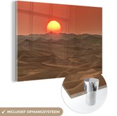 MuchoWow® Glasschilderij 60x40 cm - Schilderij acrylglas - Een zonsondergang boven zandduinen in de woestijn - Foto op glas - Schilderijen