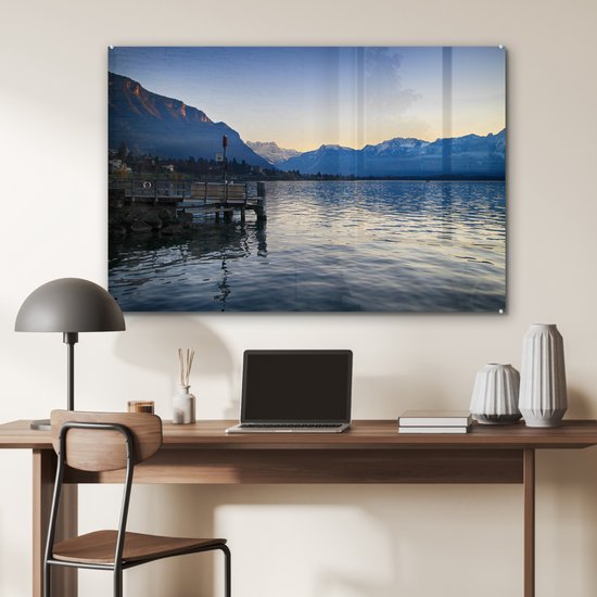 Coucher de soleil derrière les Alpes au lac Léman Plexiglas 90x60 cm - Tirage photo sur Glas (décoration murale plexiglas)