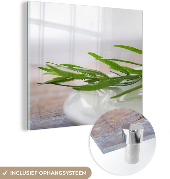 MuchoWow® Glasschilderij 90x90 cm - Schilderij acrylglas - Keramisch bord voorzien van de schoonheid van de dragon plant - Foto op glas - Schilderijen