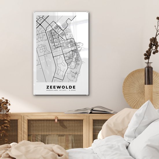 MuchoWow® Glasschilderij 40x60 cm - Schilderij acrylglas - Stadskaart - Zeewolde - Grijs - Wit - Foto op glas - Schilderijen - Plattegrond
