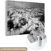 MuchoWow® Glasschilderij 90x60 cm - Schilderij acrylglas - De Aletschgletsjer in Zwitserland vanuit de lucht - zwart wit - Foto op glas - Schilderijen