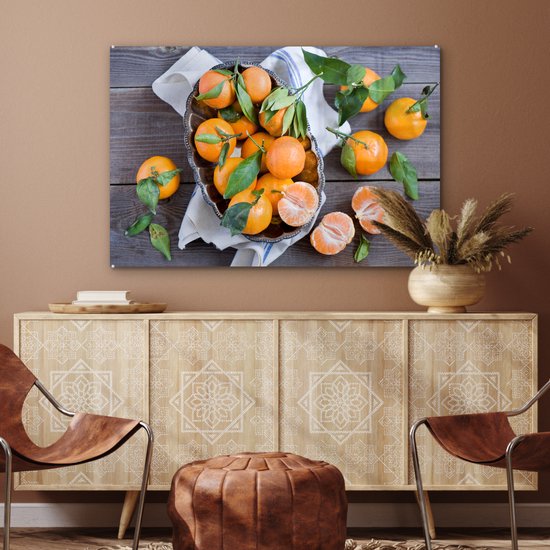 ® Glasschilderij 120x80 cm - Schilderij acrylglas - Mandarijnen op een houten tafel - Foto op glas - Muurdecoratie woonkamer - Wanddecoratie slaapkamer - Schilderijen