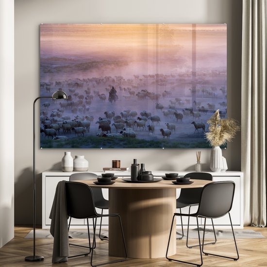 Peinture sur verre - Herder sur un chevalet entre troupeau de moutons dans le brouillard - 180x120 cm - Peintures sur Verre Peintures - Photo sur Glas