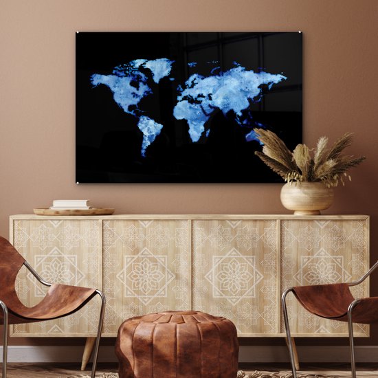 Peinture sur Verre - Carte du Wereldkaart - Aquarelle - Bleu Clair - 90x60 cm - Peintures sur Verre Peintures - Photo sur Glas