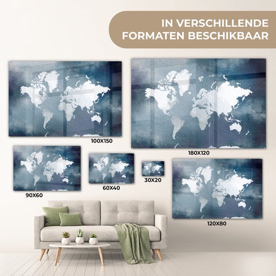 Peinture sur Verre - Carte du Wereldkaart - Aquarelle - Blauw - 60x40 cm - Peintures sur Verre Peintures - Photo sur Glas