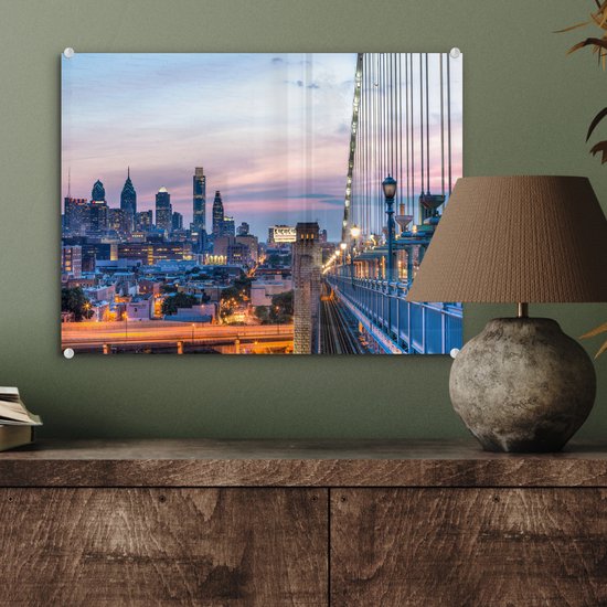 Le coucher de soleil de Philadelphie aux Etats-Unis vu du pont Benjamin Franklin Plexiglas 40x30 cm - petit - Tirage photo sur Glas (décoration murale en plexiglas)