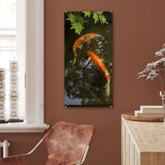 Peinture sur verre - Deux carpes koï autour d'un étang - 40x80 cm - Peintures Plexiglas