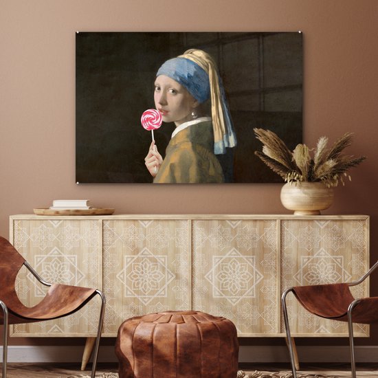 MuchoWow® Peinture sur Verre - Fille à la Perle - Johannes Vermeer - Sucette - 90x60 cm - Peintures sur Verre Acrylique - Photo sur Glas