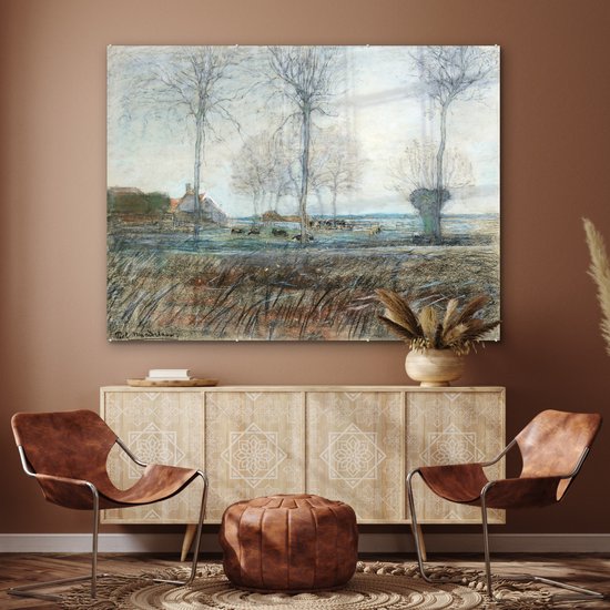 MuchoWow® Peinture sur verre 160x120 cm - Peinture sur verre acrylique - Ferme avec trois grands arbres au premier plan - Piet Mondriaan - Photo sur verre - Peintures