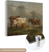 ® Glasschilderij 160x120 cm - Schilderij acrylglas - Vier jonge stieren in de wei - Schilderij van Paulus Potter - Foto op glas - Muurdecoratie woonkamer - Wanddecoratie slaapkamer - Schilderijen