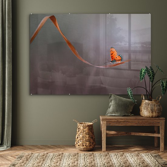 MuchoWow® Peinture sur verre 150x100 cm - Peinture sur verre acrylique - Insecte - Oranje - Feuille - Photo sur verre - Peintures