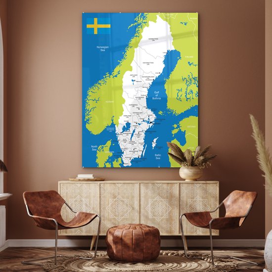 MuchoWow® Peinture sur Verre - Carte Détaillée de la Suède - 120x160 cm - Peintures sur Verre Acrylique - Photo sur Glas