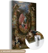 MuchoWow® Glasschilderij 100x150 cm - Schilderij acrylglas - Krans van vruchten rond een voorstelling met Cybele die geschenken ontvangt van personificaties van de vier jaargetijden - Schilderij van Jan Brueghel de Oude - Foto op glas - Schilderijen
