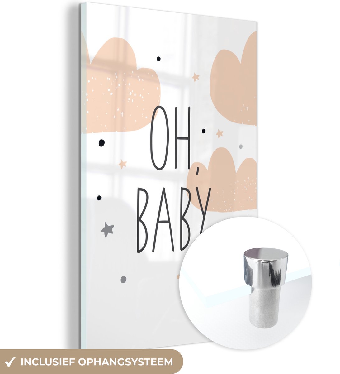 ® Glasschilderij 60x90 cm - Schilderij acrylglas - Illustratie met de quote Oh, baby en sterren en wolken - Foto op glas - Muurdecoratie woonkamer - Wanddecoratie slaapkamer - Schilderijen
