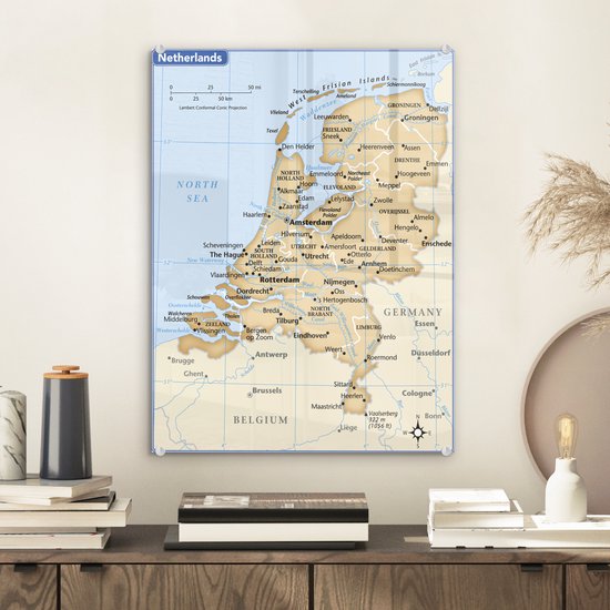 MuchoWow® Glasschilderij 30x40 cm - Schilderij acrylglas - Bruine kaart van Nederland - Foto op glas - Schilderijen