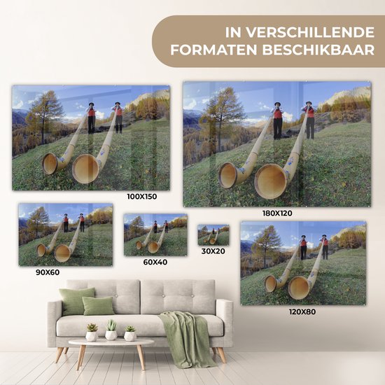 MuchoWow® Peinture sur verre 150x100 cm - Peinture sur verre acrylique - Alpes - Homme - Cor des Alpes - Photo sur verre - Peintures