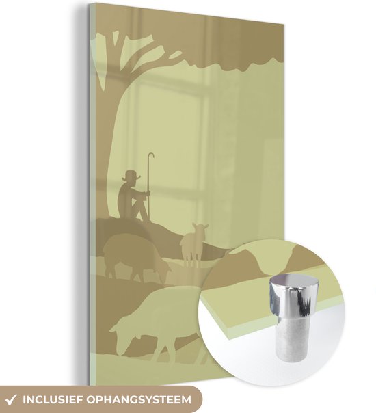 MuchoWow® Glasschilderij 100x150 cm - Schilderij acrylglas - Een illustratie van herder met kudde schapen - Foto op glas - Schilderijen