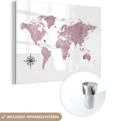 MuchoWow® Glasschilderij 80x60 cm - Schilderij acrylglas - Wereldkaart - Roze - Vliegtuig - Foto op glas - Schilderijen