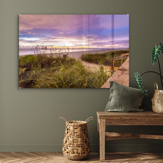 ® Glasschilderij 90x60 cm - Schilderij acrylglas - Kleurrijke hemel boven het strand in Florida - Foto op glas - Muurdecoratie woonkamer - Wanddecoratie slaapkamer - Schilderijen