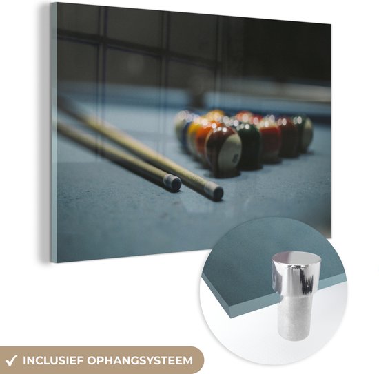 MuchoWow® Glasschilderij 120x80 cm - Schilderij acrylglas - Twee keuen liggen naast de biljartballen - Foto op glas - Schilderijen