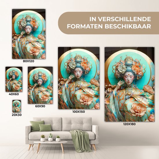 ® Glasschilderij 80x120 cm - Schilderij acrylglas - Vrouw - Kimono - Bloemen - Goud - Portret - Foto op glas - Muurdecoratie woonkamer - Wanddecoratie slaapkamer - Schilderijen