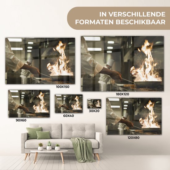 MuchoWow® Peinture sur Verre - Kok tenant une poêle brûlante - 30x20 cm - Peintures sur Verre Acrylique - Photo sur Glas