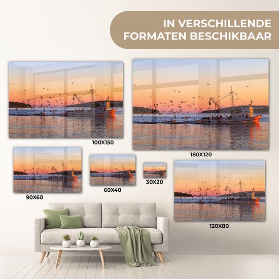 MuchoWow® Peinture sur verre 90x60 cm - Peinture acrylique sur verre - Bateau de pêche au coucher du soleil - Photo sur verre - Peintures