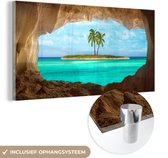 MuchoWow® Glasschilderij 40x20 cm - Schilderij acrylglas - Tropisch - Water - Palmboom - Foto op glas - Schilderijen