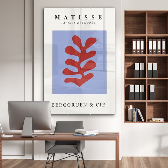 MuchoWow® Peinture sur verre 100x150 cm - Peinture sur verre acrylique - Matisse - Feuille - Rouge - Blauw - Abstrait - Photo sur verre - Peintures