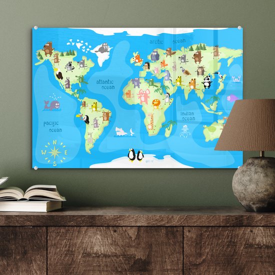 MuchoWow® Peinture sur verre 60x40 cm - Peinture sur verre acrylique - Wereldkaart - Enfant - Animaux - Blauw - Garçons - Filles - Photo sur verre - Peintures