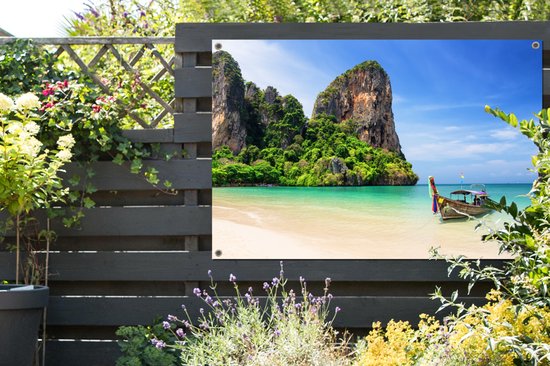 Tuinposter strand - Tuindecoratie boot - 120x80 cm - Poster voor in de tuin - Buiten decoratie - Schutting tuinschilderij Thailand - Tuindoek muurdecoratie - Wanddecoratie balkondoek