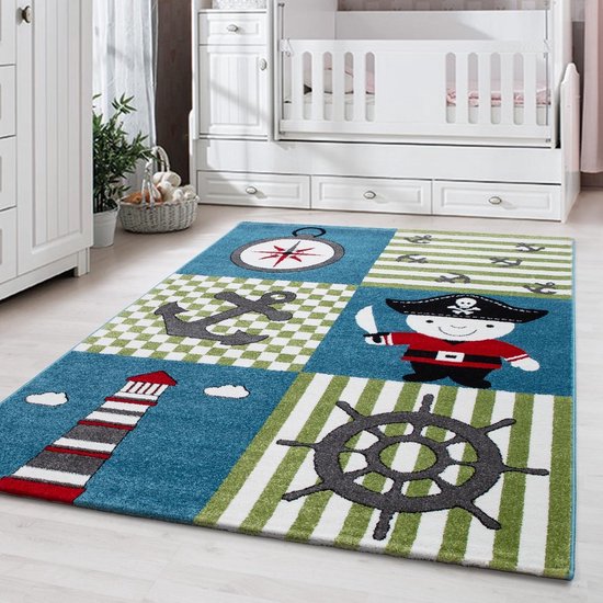 Tapijtenloods Kids Piraat Vloerkleed Kinderkamer Blauw / Groen Laagpolig- 80x150 CM