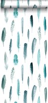 ESTAhome behangpapier veren turquoise en wit - 138895 - 53 x 1005 cm
