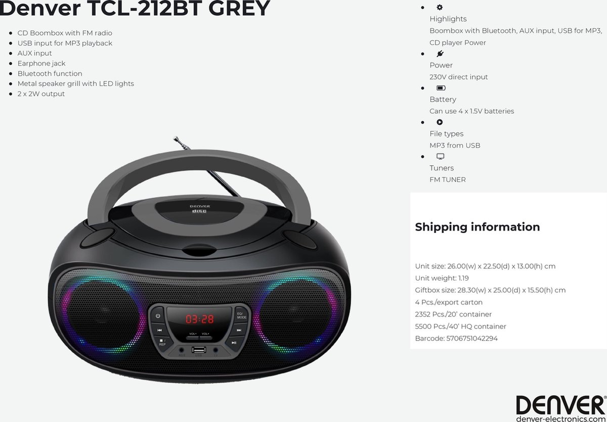 Denver TCL212BT Boombox met Bluetooth Grijs