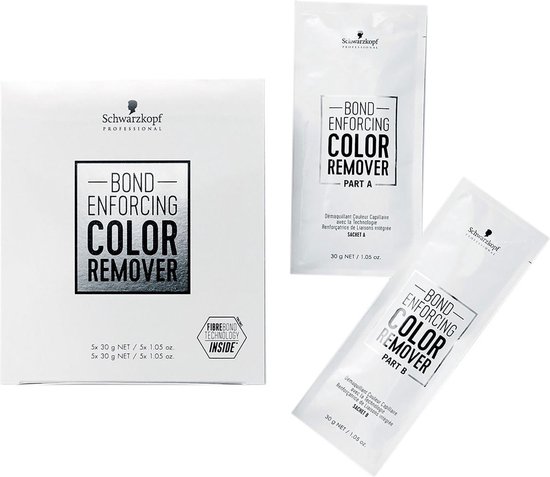 Verpakking van Schwarzkopf Professional Bond Enforcing Color Remover en twee sachets (A en B) van 30g.
