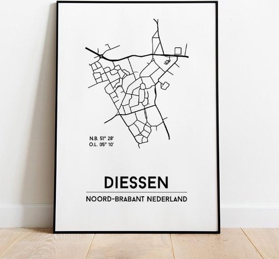 Diessen city poster, A4 zonder lijst, plattegrond poster, woonplaatsposter, woonposter