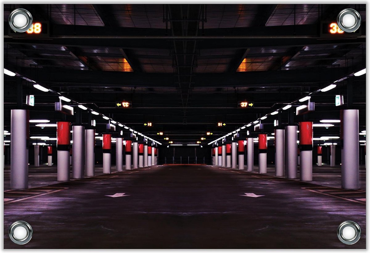 Tuinposter –Parkeergarage met rode Palen– 40x30 Foto op Tuinposter (wanddecoratie voor bui