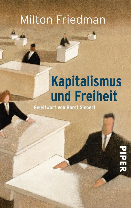 Couverture du livre 'Kapitalismus und Freiheit' de Milton Friedman, illustrée de personnes assises à des bureaux.