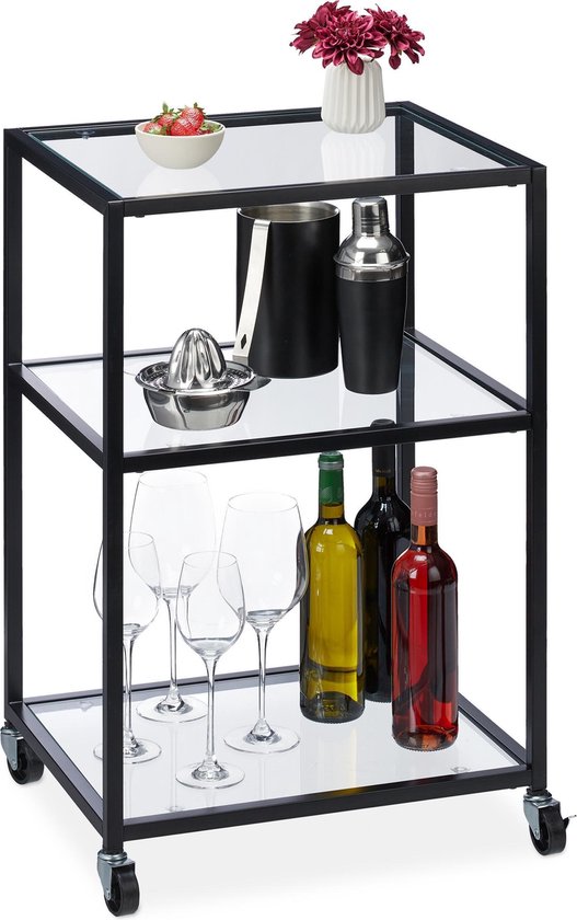 Relaxdays serveerwagen glas - 3 plateaus - bijzettafel op wielen -  keukentafeltje - zwart | bol.com